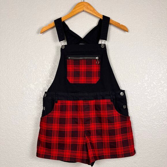 Hot Topic Shortalls Womens Small Black Denim Red Tartan Plaid Y2K Romper‎ Punk - Picture 1 of 5